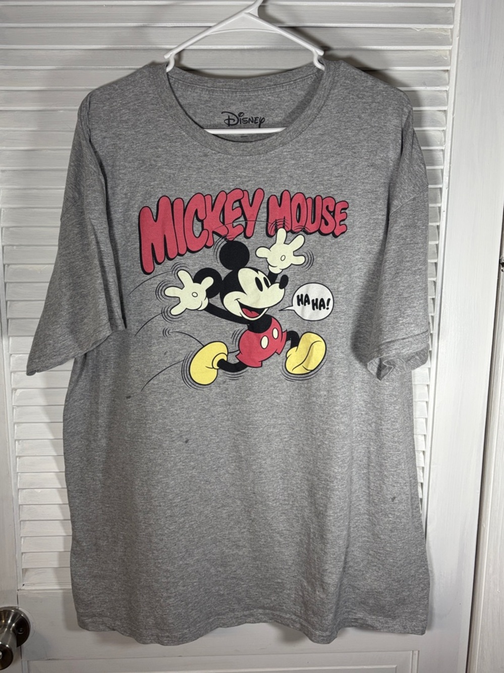 Disney Gray Mickey Mouse Graphic Tee with Pink Logo and Yellow Accents